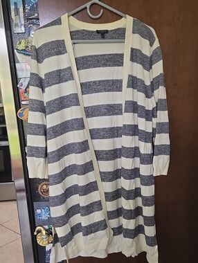 Talbots Navy and Cream Striped Open-Front Cardigan